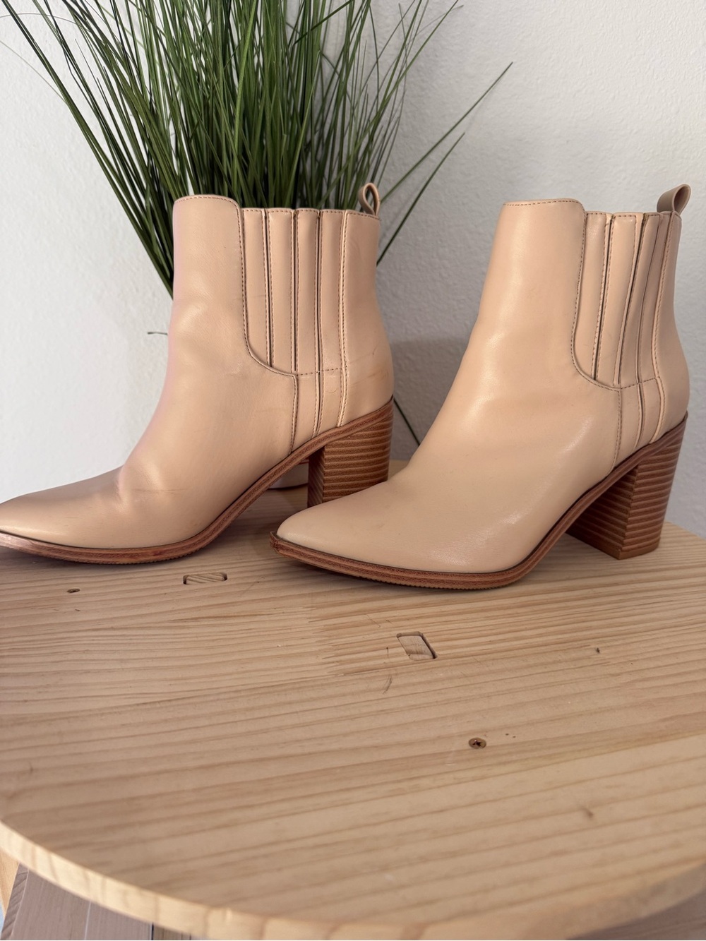 Amazon Cream Leather Ankle Boots with Stacked Block Heel